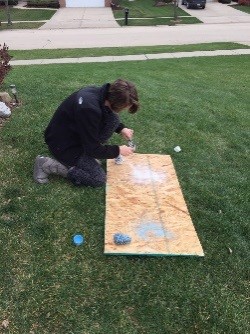 Paint the pine cones.  Do this outside or in a well-ventilated area.  We used a plywood board as a drop-cloth.