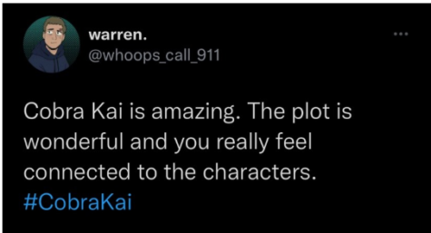 Tweet from a Cobra Kai fan on Twitter praising the series.
